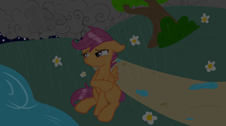 Size: 2592x1456 | Tagged: safe, artist:xylaofspades, scootaloo, pegasus, pony, g4, blank flank, cloud, crying, female, flightless, floppy ears, flower, frown, looking offscreen, night, rain, raised hoof, sad, scootalone, scootaloo can't fly, scootasad, sitting, solo, water, wings