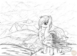 Size: 900x655 | Tagged: safe, artist:valkyrieskies, scootaloo, pegasus, pony, g4, cloud, female, flightless, frown, hair over one eye, large wings, looking offscreen, monochrome, mountain, older, older scootaloo, rain, sad, scootalone, scootaloo can't fly, scootasad, solo, standing, traditional art, wings