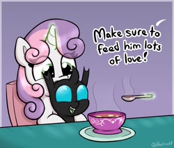 Size: 1587x1353 | Tagged: safe, artist:heretichesh, sweetie belle, changeling, pony, unicorn, g4, baby changeling, bowl, cute, cuteling, diasweetes, duo, eye clipping through hair, female, filly, foal, food, implied rarity, levitation, magic, soup, spoon, telekinesis