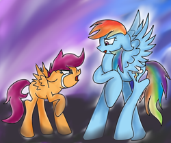 Size: 1000x830 | Tagged: safe, artist:youlooklikefood, rainbow dash, scootaloo, pegasus, pony, g4, angry, argument, crying, duo, female, filly, floppy ears, foal, hair over one eye, looking at each other, looking at someone, open mouth, raised hoof, scootaloo can't fly, scootamad, spread wings, story included, tears of anger, wings, yelling