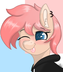 Size: 1172x1344 | Tagged: safe, artist:marbatra, derpibooru exclusive, oc, oc only, oc:strawberry buttercream, earth pony, pony, :p, abstract background, blue eyes, bust, clothes, crossdressing, earth pony oc, eyelashes, femboy, hoodie, male, one eye closed, piercing, pony oc, portrait, stallion, stallion oc, tongue out, wink