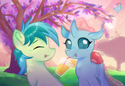 Size: 2420x1658 | Tagged: safe, artist:rainbow eevee, ocellus, sandbar, changedling, changeling, earth pony, pony, g4, beautiful, chest fluff, crescent moon, cute, detailed background, digital art, evening, eyes closed, female, food, grass, hill, juice, male, moon, open mouth, orange, orange juice, park, shading, ship:ocelbar, shipping, straight, teenager, tree