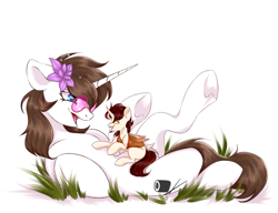 Size: 2999x2300 | Tagged: safe, artist:deadoyster, oc, oc:biepbot, oc:flower star, changeling, pony, unicorn, waspling, commission, female, high res, macro, macro/micro, male, mare, micro, simple background, snuggling, stallion, white background, wholesome, ych result