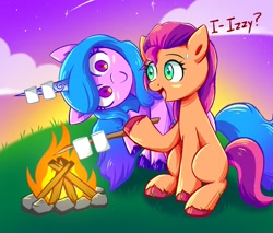 Size: 1612x1372 | Tagged: safe, artist:ce2438, artist:ketereissm, izzy moonbow, sunny starscout, earth pony, pony, unicorn, g5, campfire, colored hooves, dialogue, duo, female, fire, food, grass, head tilt, hoof hold, horn, horn impalement, izzy impaling things, looking at someone, mare, marshmallow, mundane utility, open mouth, outdoors, raised hoof, roasted marshmallow, sitting, smiling, sweat, sweatdrop, the uses of unicorn horns, this will end in fire