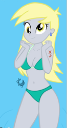 Size: 815x1553 | Tagged: safe, artist:flutteryaylove, derpy hooves, equestria girls, g4, belly button, bikini, blue background, breasts, clothes, female, green bikini, green swimsuit, lake, simple background, smiling, solo, stupid sexy derpy, swimsuit, water