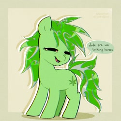 Size: 1654x1654 | Tagged: safe, artist:syrupyyy, oc, oc only, oc:stoney poney, earth pony, pony, dialogue, drugs, earth pony oc, hooves, implied drug use, marijuana, open mouth, open smile, signature, smiling, solo, speech bubble, squint, standing, tail