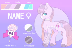 Size: 2950x2000 | Tagged: safe, artist:munrei, oc, pony, adoptable, auction, auction open, blue eyes, bow, candy, choker, clothes, cute, cutie mark, female, food, gloves, high res, lollipop, mare, reference sheet, simple background, skull, solo, watermark
