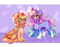 Size: 3204x2536 | Tagged: safe, artist:honeybbear, oc, oc only, pegasus, pony, unicorn, chibi, female, floral head wreath, flower, high res, mare