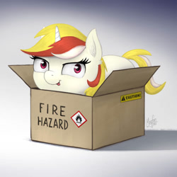 Size: 894x894 | Tagged: safe, alternate character, alternate version, artist:magfen, oc, oc only, oc:vida emotionate, pony, unicorn, box, fire hazard, pony in a box, smiling, smirk, solo