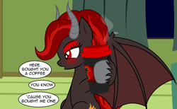 Size: 3370x2072 | Tagged: safe, artist:badumsquish, derpibooru exclusive, oc, oc only, oc:kim stone, bat pony, demon, demon pony, monster pony, original species, g4, bat wings, blushing, coffee, coffee cup, couch, cup, curtains, dialogue, drink, embarrassed, eyeshadow, frown, grumpy, high res, holding, hoof hold, horns, house, lidded eyes, looking away, makeup, offscreen character, pentagram, pov, show accurate, sitting, solo, spread wings, steam, talking to viewer, tsundere, unshorn fetlocks, window, wings