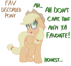 Size: 2797x2572 | Tagged: safe, artist:justapone, applejack, earth pony, pony, g4, applejack's hat, blushing, colored, cowboy hat, dialogue, digital art, discorded, ear blush, februpony, female, floppy ears, hat, high res, liar, liarjack, looking up, lying, open mouth, raised leg, shoulder fluff, smiling, solo, tsundere, tsunjack, wavy mouth