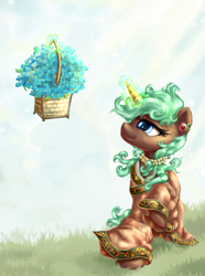 Size: 796x1070 | Tagged: safe, artist:equie, oc, oc only, oc:equie, alicorn, pony, celtic, clothes, flower basket, jewelry, magic, necklace, pearl necklace, solo, telekinesis