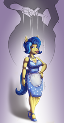 Size: 1280x2431 | Tagged: safe, artist:sutibaruart, colorist:dante, oc, oc only, oc:moniker, oc:monique, earth pony, anthro, alternate hairstyle, apron, bimbo, bimbo oc, body control, breasts, cleavage, clothes, grayscale, high heels, housewife, marionette, monochrome, shoes