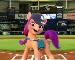 Size: 1280x1024 | Tagged: safe, edit, sunny starscout, earth pony, pony, g5, baseball, baseball cap, cap, hat, irl, mlb, photo, ponies in real life, solo, sports, stadium, tampa bay rays
