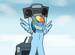 Size: 770x568 | Tagged: safe, artist:str8aura-draws-horses-and-stuff, rainbow dash, twilight sparkle's secret shipfic folder, g4, boombox, car, chest fluff, cloud, looking down, spread wings, wings