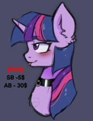 Size: 2000x2606 | Tagged: safe, artist:vaiola, twilight sparkle, pony, unicorn, g4, advertisement, auction, auction open, bdsm, big eyes, blushing, bust, collar, commission, cute, embarrassed, eyebrows, eyebrows visible through hair, female, fetish, happy, high res, horn, multiple variants, pet play, pettwi, portrait, purple background, sexy, simple background, sketch, smiling, solo, sticker, tongue out, unicorn twilight, ych example, your character here