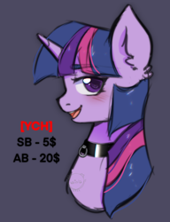 Size: 2000x2606 | Tagged: safe, artist:vaiola, twilight sparkle, pony, unicorn, g4, advertisement, auction, auction open, bdsm, big eyes, blushing, bust, collar, commission, cute, embarrassed, fetish, happy, high res, horn, multiple variants, open mouth, pet play, pettwi, portrait, sexy, simple background, sketch, smiling, solo, sticker, unicorn twilight, ych example, your character here