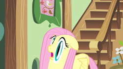 Size: 1920x1080 | Tagged: safe, screencap, fluttershy, pegasus, pony, a bird in the hoof, g4, season 1, animation error, faic, female, floppy ears, flower pot, fluttershy's cottage, frown, great moments in animation, hallway, mare, meme origin, open mouth, picture frame, quality, smear frame, solo, stairs, wat, wide eyes