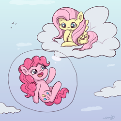 Size: 1500x1500 | Tagged: safe, artist:sketchydesign78, fluttershy, pinkie pie, earth pony, pegasus, pony, bubble, cloud, cute, diapinkes, duo, female, floating, happy, in bubble, mare, on a cloud, open mouth, open smile, pinkie being pinkie, redraw, shyabetes, smiling