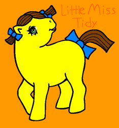 Size: 520x556 | Tagged: safe, artist:mlpfanboy579, earth pony, pony, g1, blank flank, blue bow, bow, brown hair, brown mane, brown tail, eyelashes, female, full body, green eyes, hair bow, hooves, little miss tidy, mare, missing cutie mark, mr. men, mr. men and little miss, open mouth, open smile, orange background, pigtails, ponified, raised hoof, raised leg, simple background, smiling, solo, standing, tail, tail bow