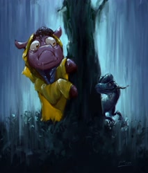 Size: 3486x4097 | Tagged: safe, artist:rigbyh00ves, dilophosaurus, dinosaur, pony, :c, dennis nedry, frown, jurassic park, moments before disaster, ponified, rain, raincoat, solo, this will end in death, tree
