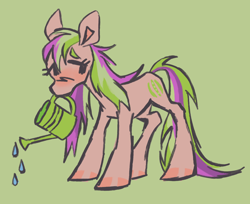 Size: 1792x1464 | Tagged: safe, artist:webkinzworldz, oc, oc only, oc:pea picker, earth pony, pony, blushing, colored hooves, hoof polish, looking down, mouth hold, shy, solo, standing, watering can