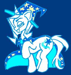Size: 258x273 | Tagged: dead source, safe, artist:maretriarch, trixie, pony, unicorn, g4, blue background, cape, clothes, cutie mark, cutie mark background, eyebrows, eyelashes, female, grin, hat, horn, lidded eyes, lowres, mare, raised hoof, simple background, smiling, solo, trixie's cape, trixie's hat