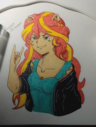 Size: 810x1080 | Tagged: safe, artist:simonhtf, sunset shimmer, equestria girls, g4, clothes, devil horn (gesture), female, jacket, leather jacket, ponied up, smiling, smirk, solo, traditional art