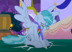 Size: 1149x832 | Tagged: safe, screencap, feather flatterfly, pegasus, pony, g4, the summer sun setback, glasses, landing, looking down, male, necktie, solo, stallion