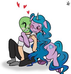 Size: 541x567 | Tagged: safe, artist:neonnaisedraws, izzy moonbow, oc, oc:anon, human, pony, unicorn, g5, my little pony: a new generation, blushing, cuddling, cute, female, heart, hug, human and pony, izzybetes, male, romance, romantic, silly, simple background, straight, white background