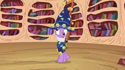 Size: 1920x1080 | Tagged: safe, screencap, twilight sparkle, pony, unicorn, g4, luna eclipsed, season 2, book, bookshelf, clothes, cosplay, costume, derp, dizzy, faic, female, golden oaks library, mare, nightmare night costume, solo, star swirl the bearded costume, tangled up, tongue out, twilight sparkle is best facemaker, twilight the bearded, unicorn twilight