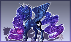 Size: 2500x1500 | Tagged: safe, artist:0daimon0, princess luna, alicorn, pony, g4, blue eyes, blue mane, crown, digital art, ethereal mane, feather, female, flowing mane, flowing tail, gray background, hoof shoes, horn, jewelry, logo, looking at you, mare, peytral, raised hoof, regalia, shadow, simple background, smiling, solo, spread wings, starry mane, starry tail, tail, wings