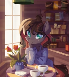 Size: 3640x4096 | Tagged: oc name needed, safe, artist:saxopi, oc, oc only, semi-anthro, arm hooves, bucket, chair, clothes, coffee, coffee cup, cup, eyebrows, eyebrows visible through hair, eyelashes, flower, freckles, high res, hoof on chin, looking at you, no pupils, paper, rose, sitting, solo, table, window
