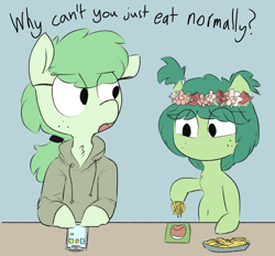 Size: 750x696 | Tagged: safe, artist:cherro, oc, oc only, oc:lithium flower, oc:mouthpiece, pony, clothes, dialogue, floral head wreath, flower, food, hoodie, modular, no mouth, pasta, phone, spaghetti
