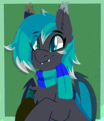 Size: 1096x1280 | Tagged: safe, artist:modularpon, oc, oc only, oc:lucia, bat pony, pony, animated, blue insides, chest fluff, clothes, colored eartips, cute, ear flick, ear fluff, ear tufts, eeee, fangs, heterochromia, ocbetes, open mouth, scarf, smiling, solo, striped scarf