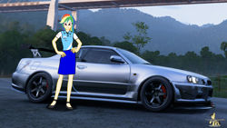 Size: 3840x2160 | Tagged: safe, artist:forzaveteranenigma, rainbow dash, human, fanfic:equestria motorsports, g4, car, clothes, flats, forza horizon 5, high res, human coloration, humanized, legs, looking at you, nissan, nissan skyline, shoes, skirt, smiling, smiling at you, watermark