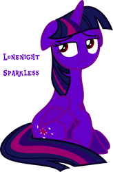 Size: 2679x4096 | Tagged: safe, anonymous artist, artist:korsoo, color edit, edit, twilight sparkle, alicorn, pony, g4, stranger than fan fiction, colored, female, floppy ears, folded wings, high res, lonely, lonenight sparkless, mare, raised hoof, sad, simple background, sitting, solo, sorrow, text, transparent background, twilight sparkle (alicorn), vector, wings