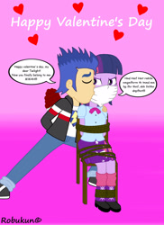 Size: 1700x2338 | Tagged: safe, artist:robukun, flash sentry, twilight sparkle, equestria girls, g4, my little pony equestria girls: better together, angry, bondage, bouquet, cheek kiss, cloth gag, flower, gag, happy valentines day, heart, holiday, kissing, muffled words, over the nose gag, rope, rope bondage, ropes, tied to chair, tied up, twilight sparkle is not amused, unamused, valentine, valentine's day