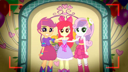 Size: 3410x1920 | Tagged: safe, screencap, apple bloom, scootaloo, sweetie belle, a photo booth story, equestria girls, g4, my little pony equestria girls: summertime shorts, adorabloom, apple bloom's bow, balloon, bow, camera shot, cute, cutealoo, cutie mark crusaders, diasweetes, fall formal outfits, female, grin, hair bow, high res, sleeveless, smiling