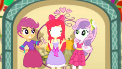 Size: 3410x1920 | Tagged: safe, screencap, apple bloom, scootaloo, sweetie belle, a photo booth story, equestria girls, g4, my little pony equestria girls: summertime shorts, apple bloom's bow, balloon, bow, cutie mark crusaders, eyes closed, fall formal, fall formal outfits, female, flower, flower in hair, hair bow, high res, paper, photo, shocked, sleeveless