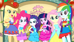 Size: 3410x1920 | Tagged: safe, screencap, applejack, fluttershy, pinkie pie, rainbow dash, rarity, twilight sparkle, a photo booth story, equestria girls, g4, my little pony equestria girls: summertime shorts, balloon, bare shoulders, belt, clothes, cowboy hat, cutie mark on clothes, dress, fall formal outfits, female, fingerless gloves, freckles, gloves, grin, group shot, hairpin, happy, hat, high res, humane five, humane six, looking at you, open mouth, open smile, sleeveless, smiling, strapless, twilight ball dress