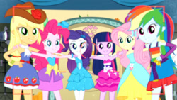 Size: 3410x1920 | Tagged: safe, screencap, applejack, fluttershy, pinkie pie, rainbow dash, rarity, twilight sparkle, a photo booth story, equestria girls, g4, my little pony equestria girls: summertime shorts, bare shoulders, belt, bracelet, camera shot, cowboy hat, fall formal outfits, female, hairpin, hand on hip, hat, high res, humane five, humane six, jewelry, sleeveless, smiling, strapless, twilight ball dress