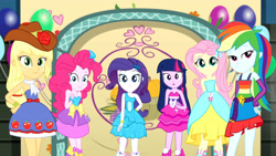 Size: 3410x1920 | Tagged: safe, screencap, applejack, fluttershy, pinkie pie, rainbow dash, rarity, twilight sparkle, a photo booth story, equestria girls, g4, my little pony equestria girls: summertime shorts, balloon, bare shoulders, boots, bracelet, clothes, cowboy hat, cutie mark on clothes, fall formal outfits, female, hairpin, hand on hip, hat, high res, humane five, humane six, jewelry, open mouth, shoes, sleeveless, strapless, twilight ball dress