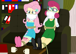 Size: 1920x1372 | Tagged: safe, artist:robukun, fluttershy, posey shy, equestria girls, g4, bondage, bonding, chair, cloth gag, couch, equestria girls-ified, female, gag, help, help me, help us, mother and child, mother and daughter, rope, rope bondage, ropes, scared, tied up, worried
