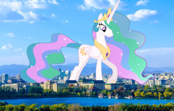 Size: 2047x1300 | Tagged: safe, artist:spier17, artist:thegiantponyfan, princess celestia, alicorn, pony, g4, beijing, china, crown, female, giant alicorn, giant pony, giantess, giantlestia, highrise ponies, hoof shoes, irl, jewelry, looking down, macro, mare, mega celestia, mega giant, multicolored mane, multicolored tail, photo, ponies in real life, raised hoof, regalia, smiling, story included, tail