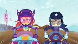 Size: 3410x1920 | Tagged: safe, screencap, indigo zap, sunset shimmer, equestria girls, g4, my little pony equestria girls: friendship games, duo, duo female, female, helmet, high res, motorcycle, smiling