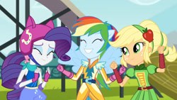 Size: 3410x1920 | Tagged: safe, screencap, applejack, rainbow dash, rarity, equestria girls, g4, my little pony equestria girls: friendship games, eyes closed, female, grin, helmet, high res, ponied up, sleeveless, smiling, spread wings, trio, trio female, wings