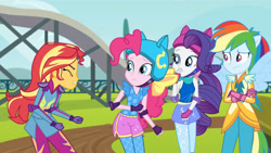 Size: 3410x1920 | Tagged: safe, screencap, pinkie pie, rainbow dash, rarity, sunset shimmer, equestria girls, g4, my little pony equestria girls: friendship games, bare shoulders, crossed arms, eyes closed, female, helmet, high res, ponied up, sleeveless, spread wings, wings