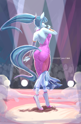 Size: 3587x5425 | Tagged: safe, artist:龙宠, sonata dusk, siren, anthro, unguligrade anthro, equestria girls, g4, my little pony equestria girls: better together, absurd resolution, ass, big breasts, breasts, butt, clothes, dress, female, looking at you, looking back, looking back at you, rear view, shoes, solo, tail, tail hole