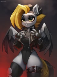 Size: 1050x1400 | Tagged: safe, artist:hattiezazu, oc, oc only, oc:tlen borowski, pegasus, anthro, black eyeshadow, clothes, collar, collar ring, colored wings, ear piercing, earring, eyebrow slit, eyebrows, eyeshadow, fingerless gloves, gloves, jacket, jewelry, leather jacket, leotard, lidded eyes, makeup, pegasus oc, piercing, ripped stockings, socks, solo, spread wings, stockings, thigh highs, torn clothes, two toned wings, wings